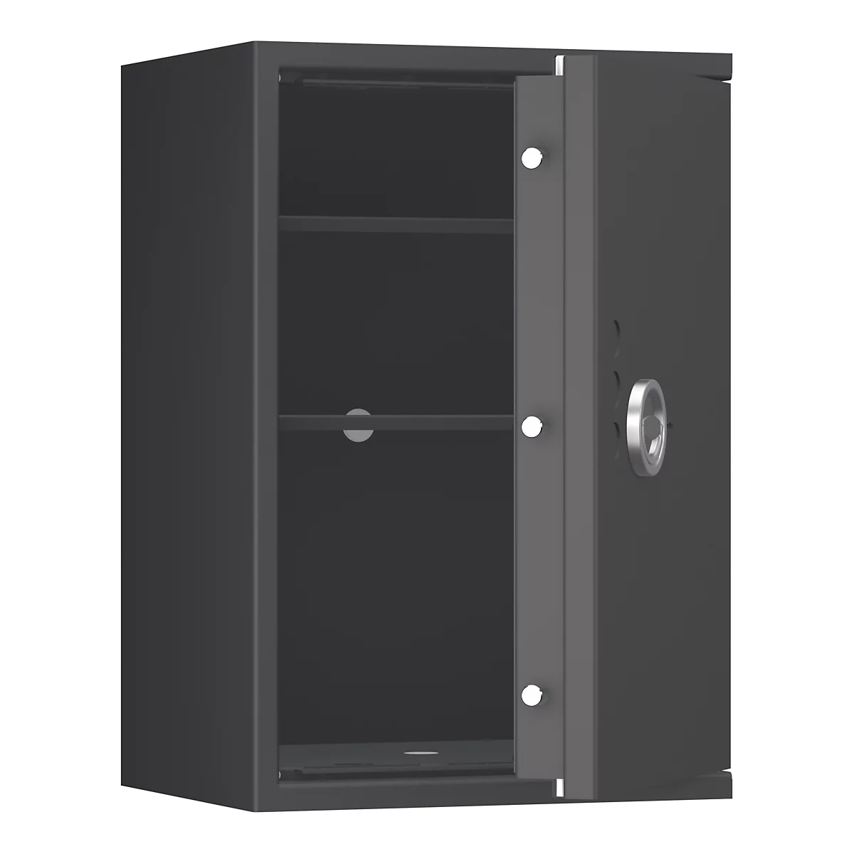 Een zwarte wandkluis met een open deur. Interieur met planken.