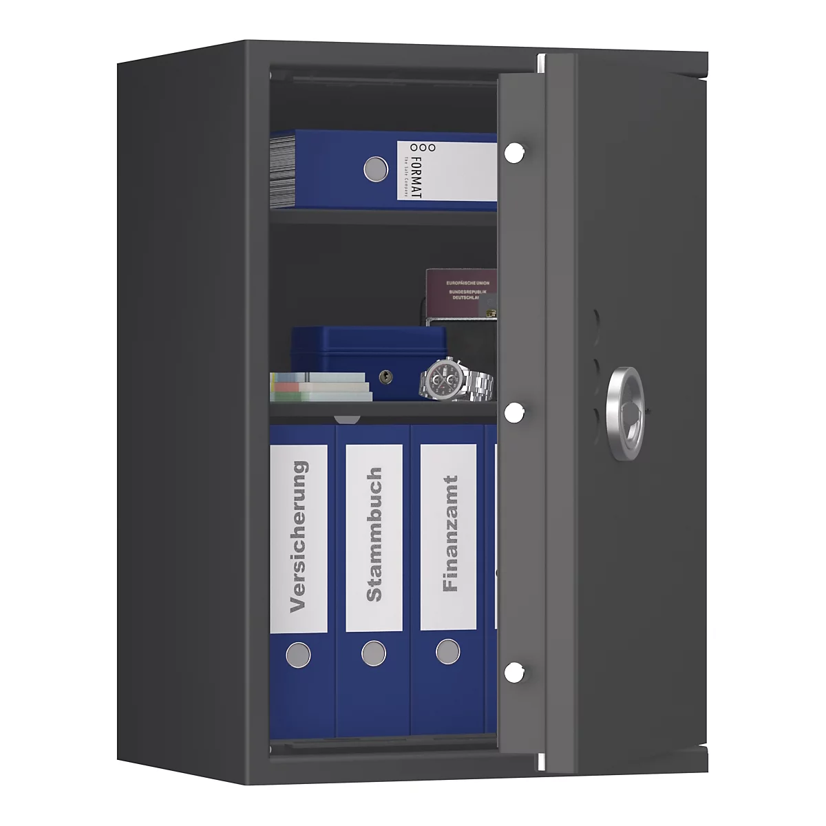 Grijze kluis, open deur, gevuld met mappen, documenten, een horloge. Labels: Verzekering, Stamboek, Belastingdienst.