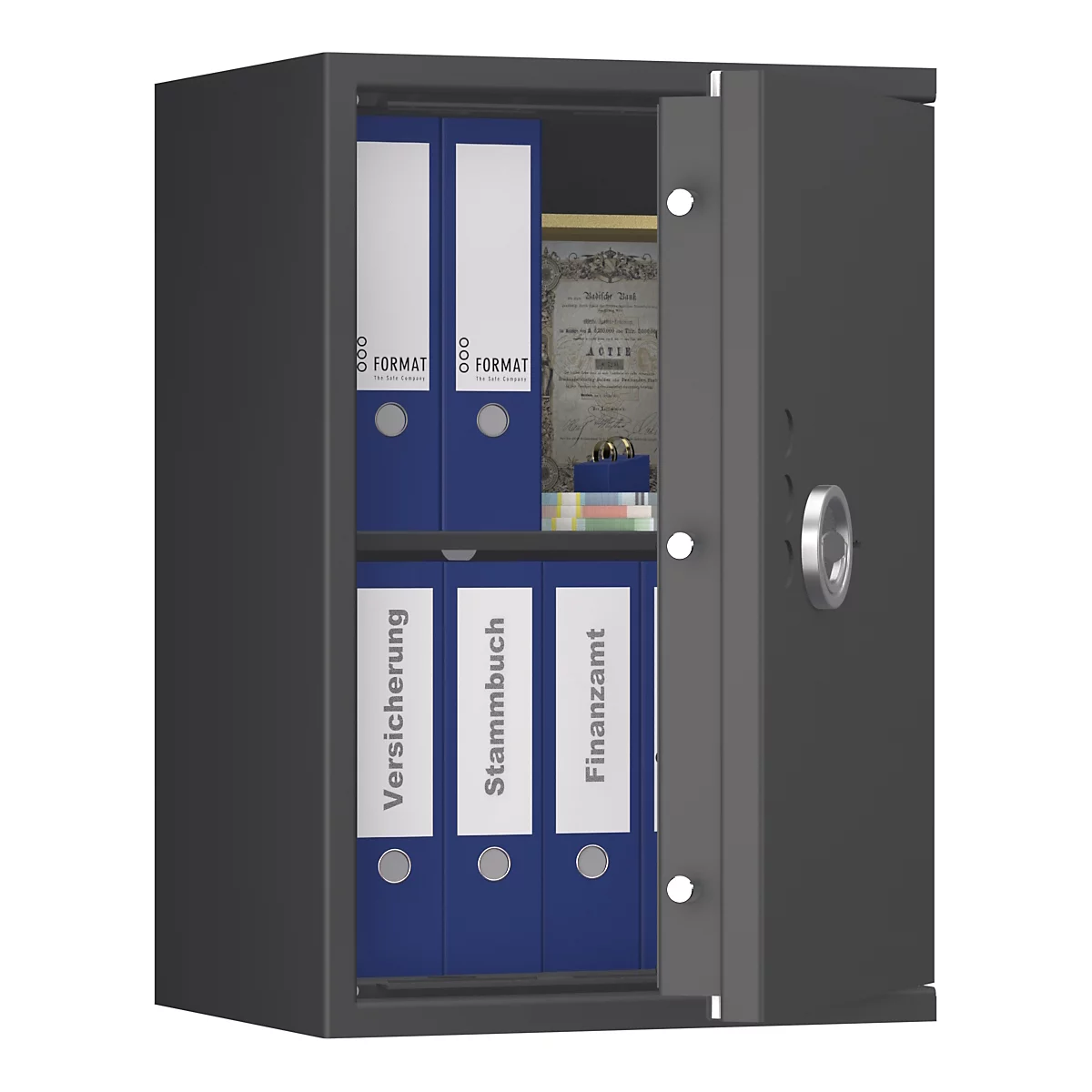 Open kluis met mappen en documenten. Mappen met opschrift "Verzekering", "Stamboek", "Financieel kantoor".