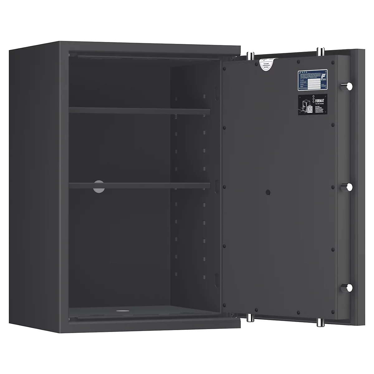 Een zwarte kluis met de deur open, die de binnenkant met planken laat zien. Er staan labels aan de binnenkant van de deur.