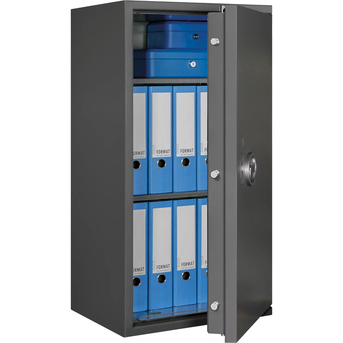Een open grijze stalen kast met blauwe ordnerinhoud. Eén deur staat open, het cijferslot is zichtbaar.