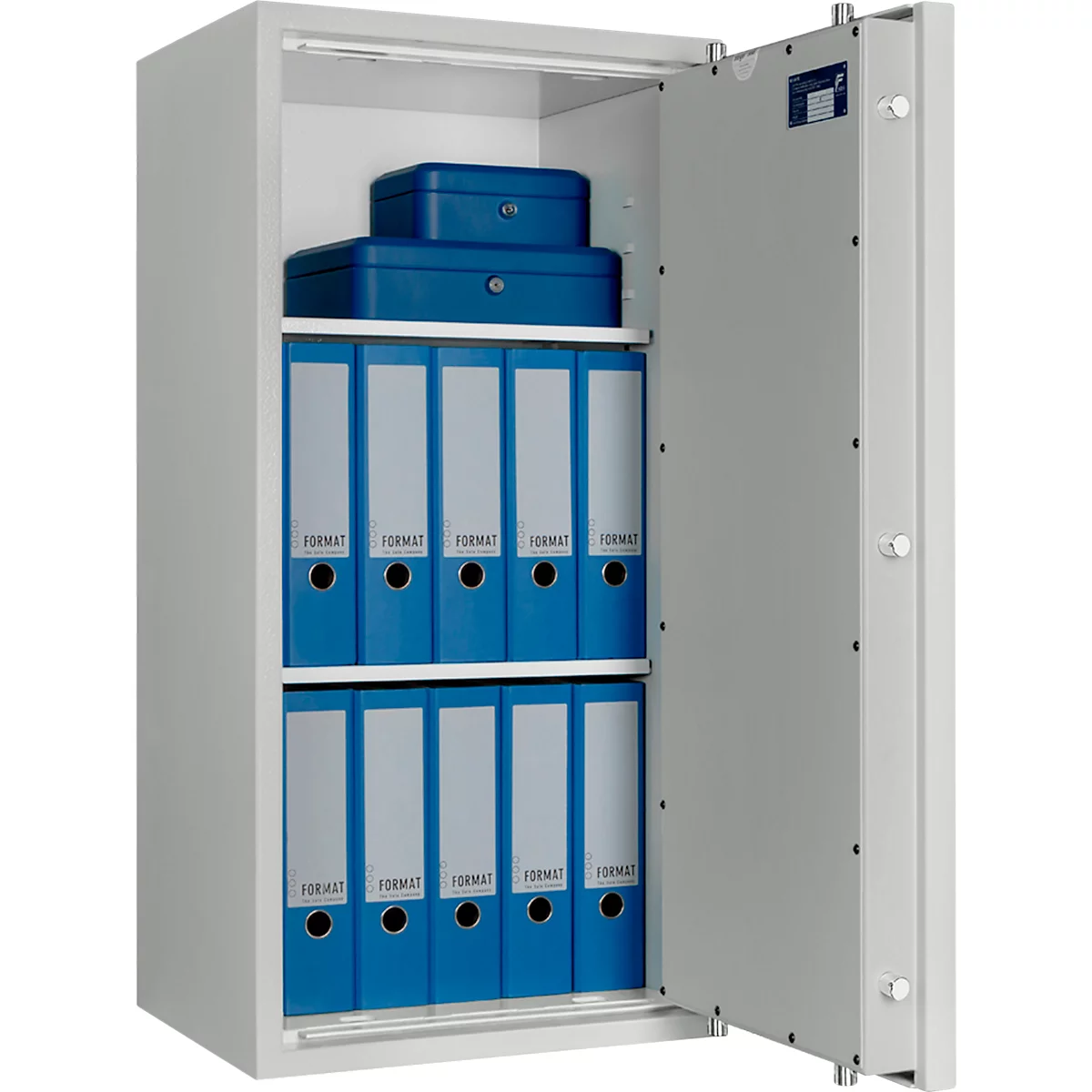 Open stalen kast met blauwe ordners, een kluis en een open deur.