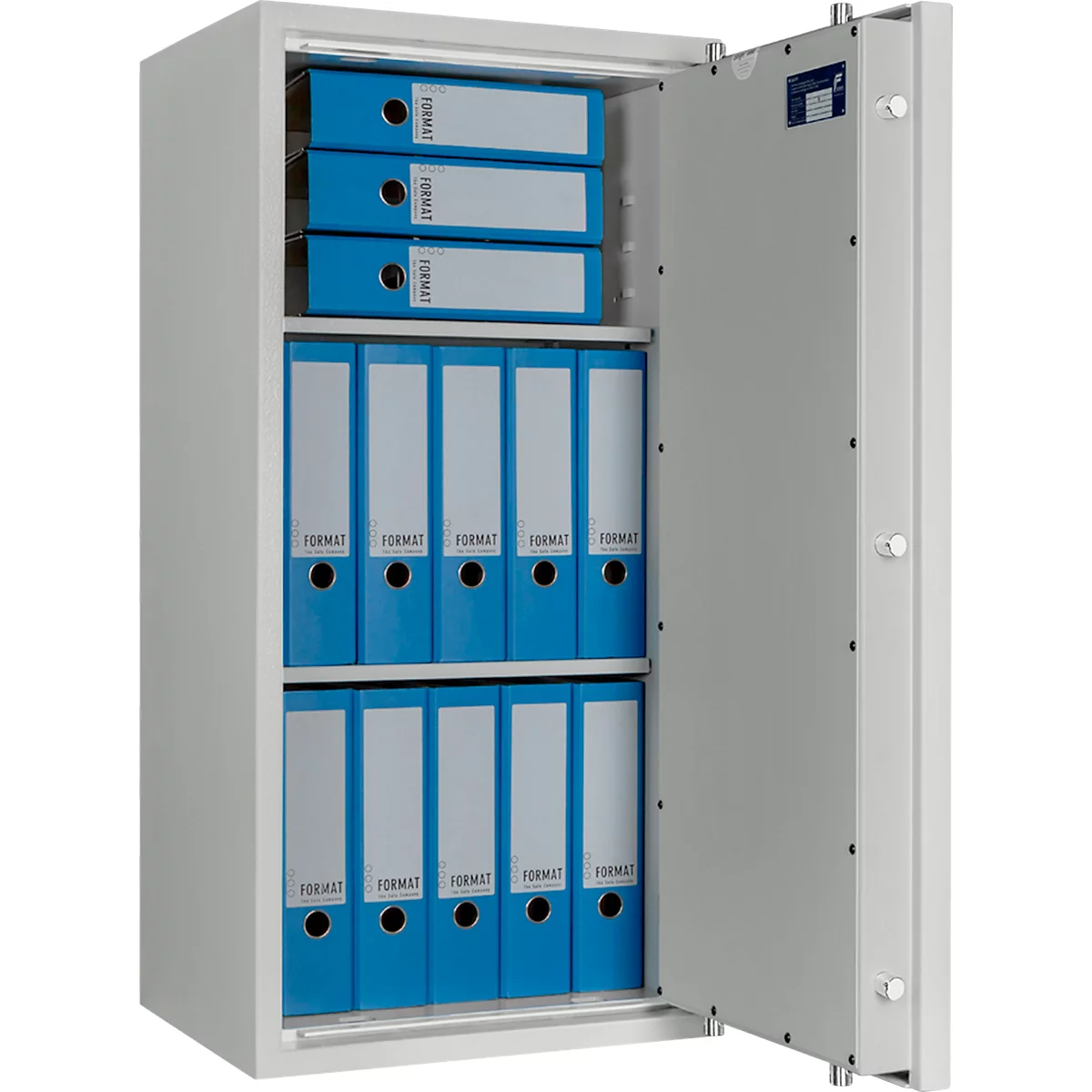 Open stalen kast gevuld met blauwe ordners. De kluis is lichtgrijs met een wit interieur.