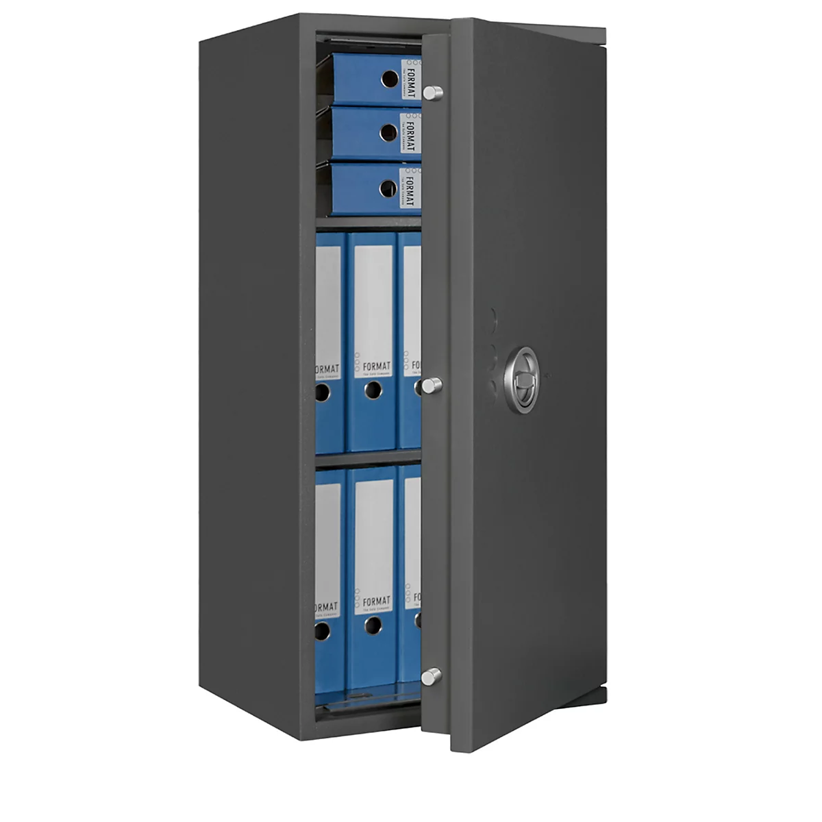 Lyra 7 safe, weerstandsklasse I volgens EN 1143-1, volume 118 l, deur rechts scharnierend, dubbelbaard slot met 2 sleutels, 2 legborden, incl. verankeringsmateriaal, B 500 x D 420 x H 1020 mm, grafietgrijs RAL 7024