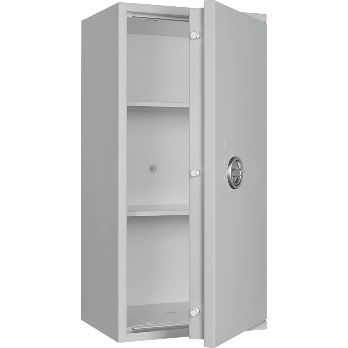 Een geopende grijze kluis, met planken binnenin. De deur staat half open en toont het interieur.