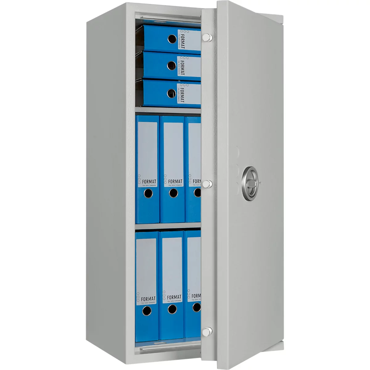 Open stalen kast met blauwe mappen.