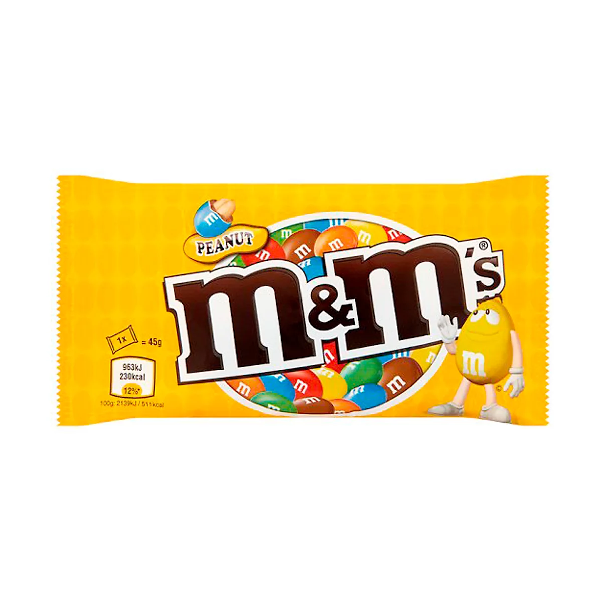 Yellow M&M's package with logo, peanut label and cartoon character. Opened package with colorful chocolate lentils.