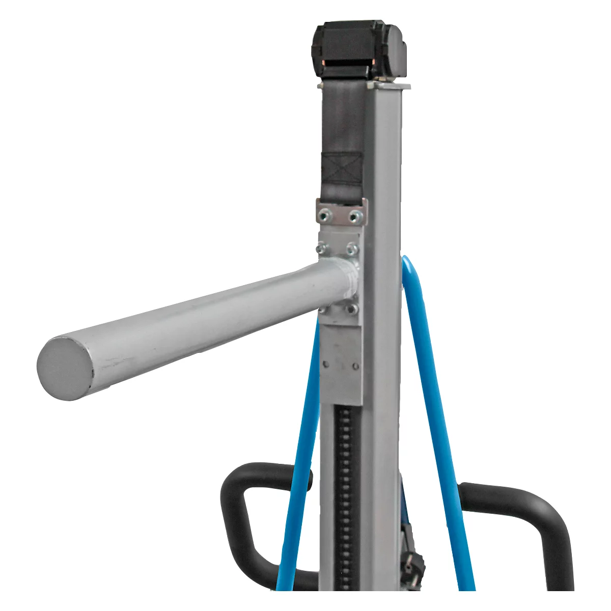 Detail shot of a lever for a lift. Grey metal, blue handle and a black strap are visible.