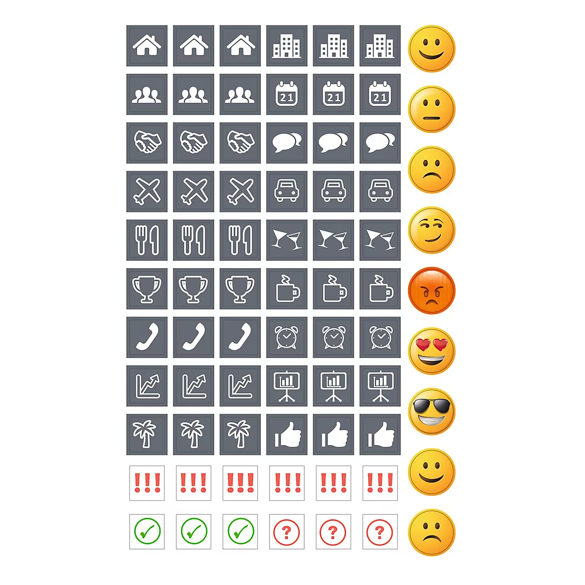 Een reeks iconen en emoji's, weergegeven op een witte achtergrond. De iconen vertegenwoordigen concepten als huizen, mensen, kalenders, enz.