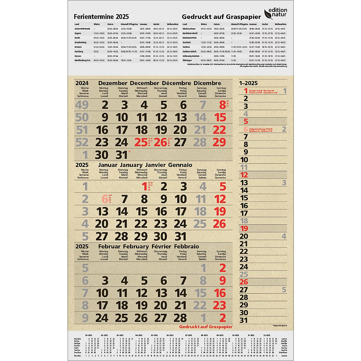 Maandplanner Korsch edition natur Combi 2025, 3 maanden per pagina, kalender in D/GB/FR/IT, paginatimer, datumschuif, B 300 x H 478 mm, graspapier