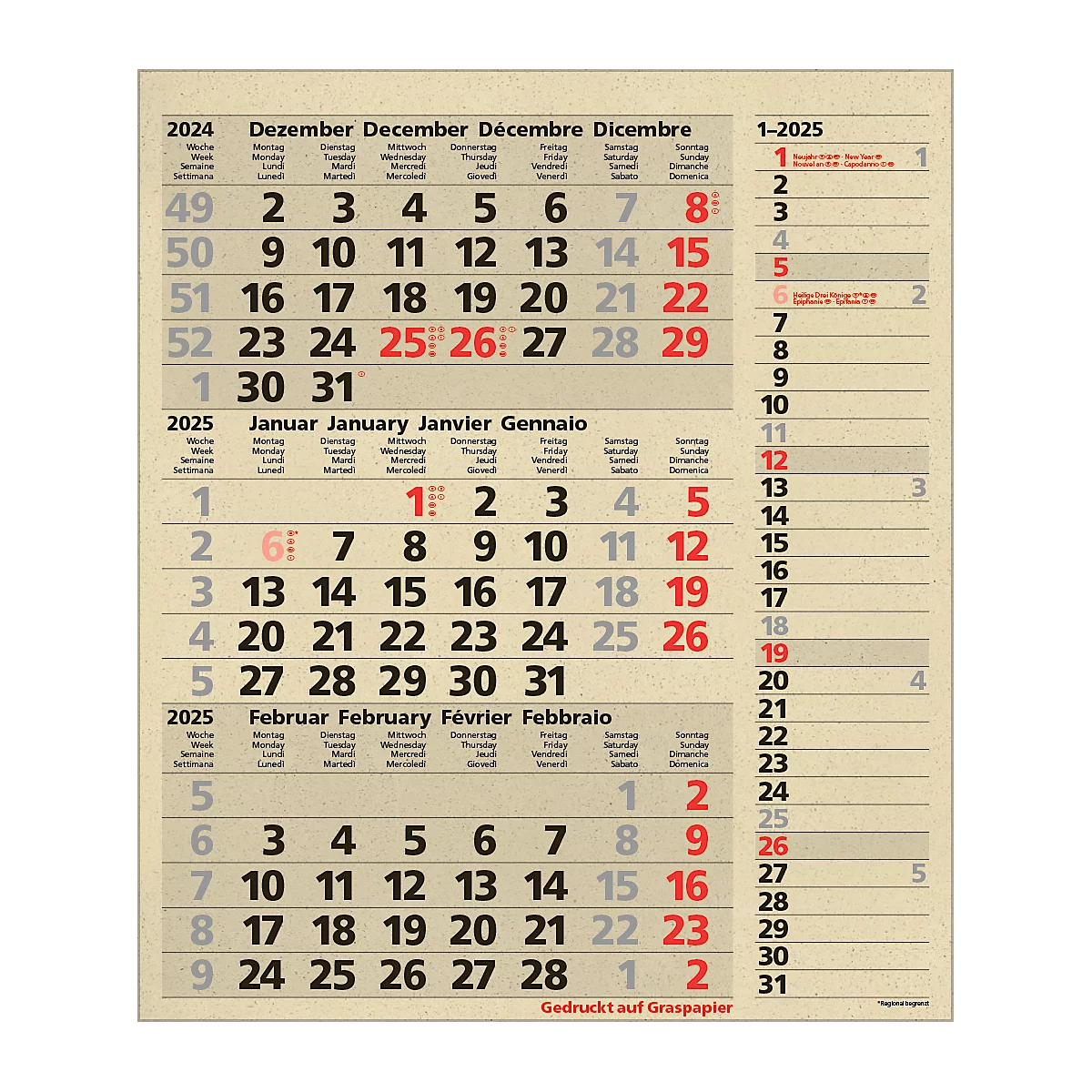 Maandplanner Korsch edition natur Combi 2025, 3 maanden per pagina, kalender in D/GB/FR/IT, paginatimer, datumschuif, B 300 x H 478 mm, graspapier