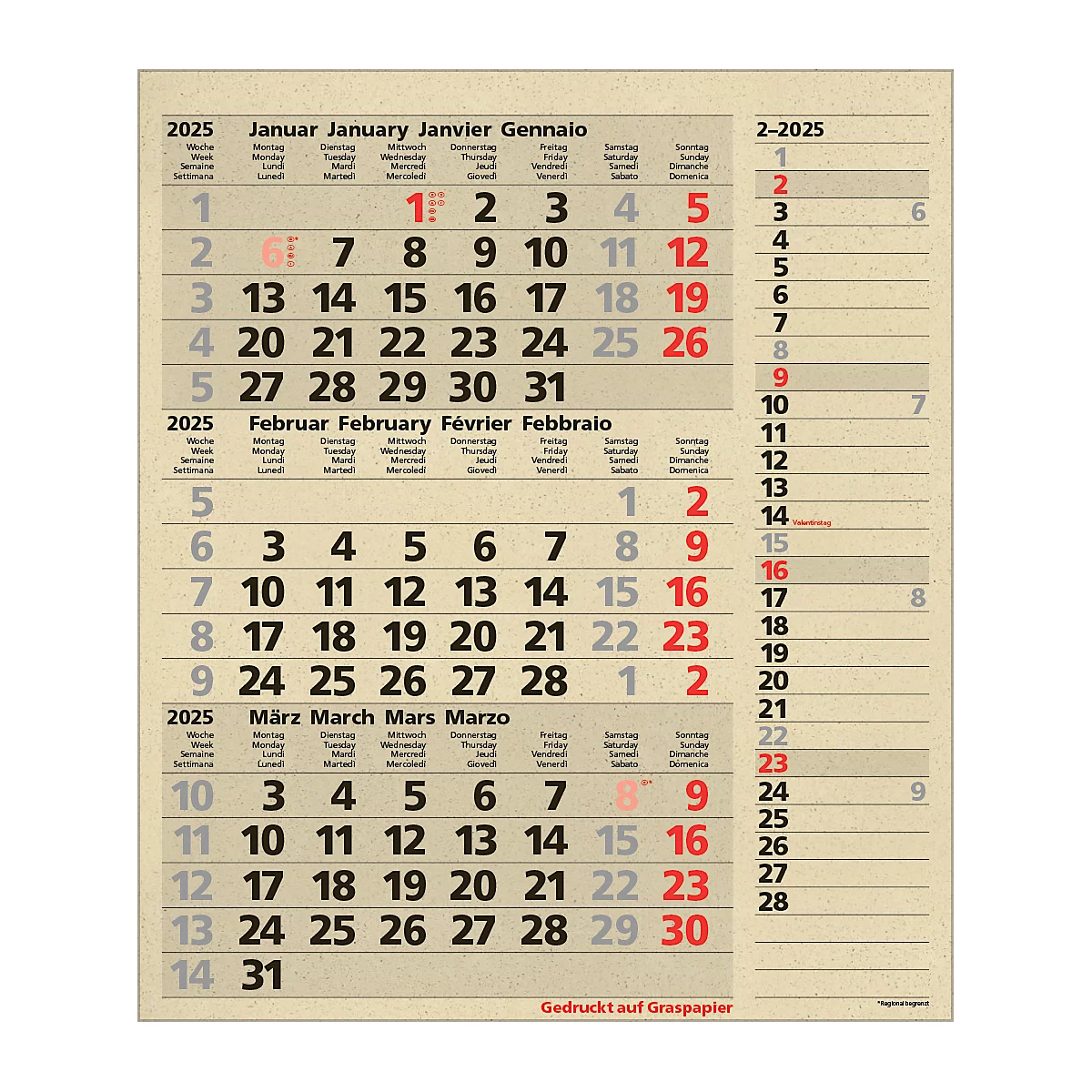 Maandplanner Korsch edition natur Combi 2025, 3 maanden per pagina, kalender in D/GB/FR/IT, paginatimer, datumschuif, B 300 x H 478 mm, graspapier