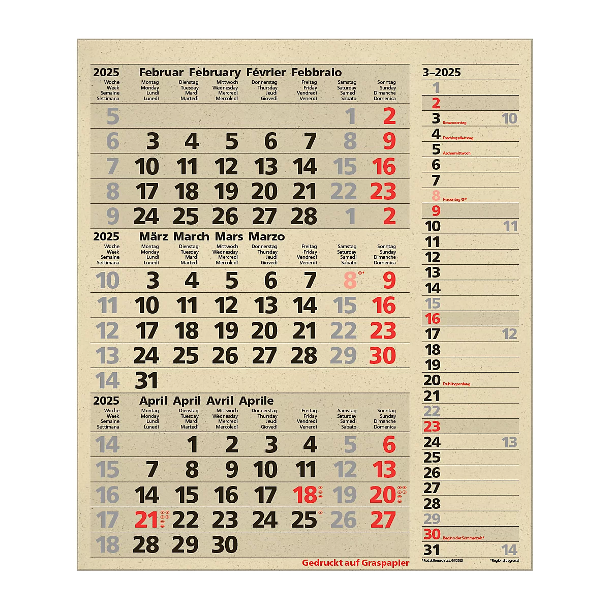 Maandplanner Korsch edition natur Combi 2025, 3 maanden per pagina, kalender in D/GB/FR/IT, paginatimer, datumschuif, B 300 x H 478 mm, graspapier