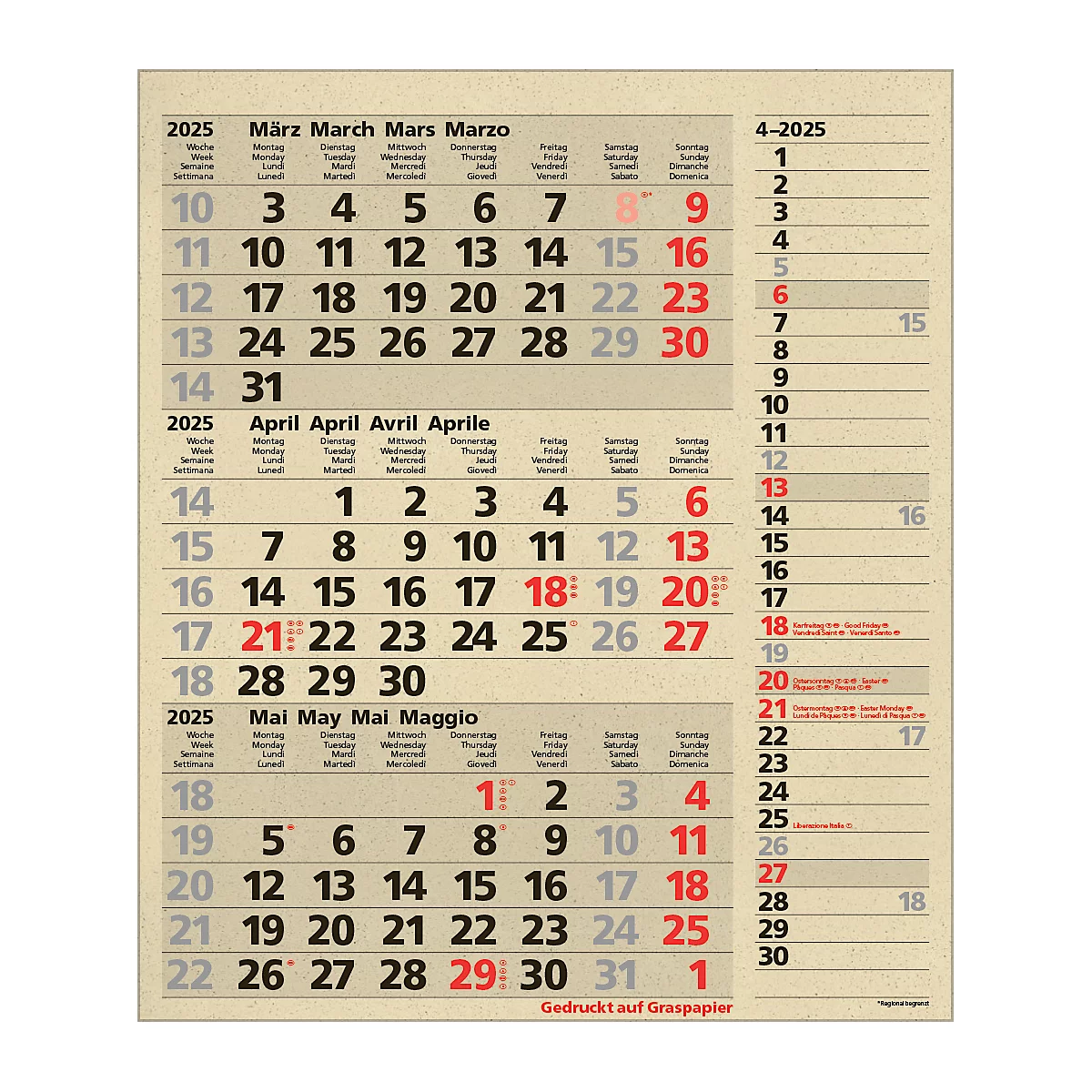 Maandplanner Korsch edition natur Combi 2025, 3 maanden per pagina, kalender in D/GB/FR/IT, paginatimer, datumschuif, B 300 x H 478 mm, graspapier