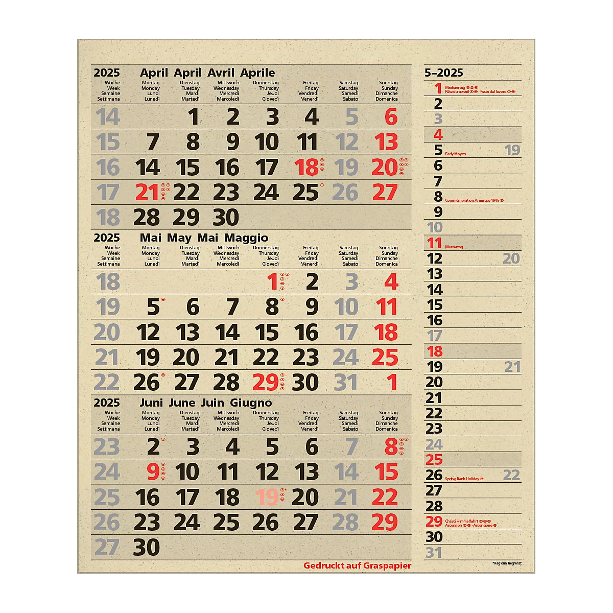 Maandplanner Korsch edition natur Combi 2025, 3 maanden per pagina, kalender in D/GB/FR/IT, paginatimer, datumschuif, B 300 x H 478 mm, graspapier