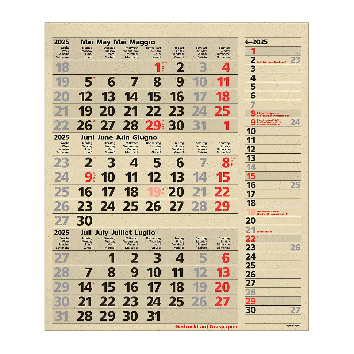Maandplanner Korsch edition natur Combi 2025, 3 maanden per pagina, kalender in D/GB/FR/IT, paginatimer, datumschuif, B 300 x H 478 mm, graspapier