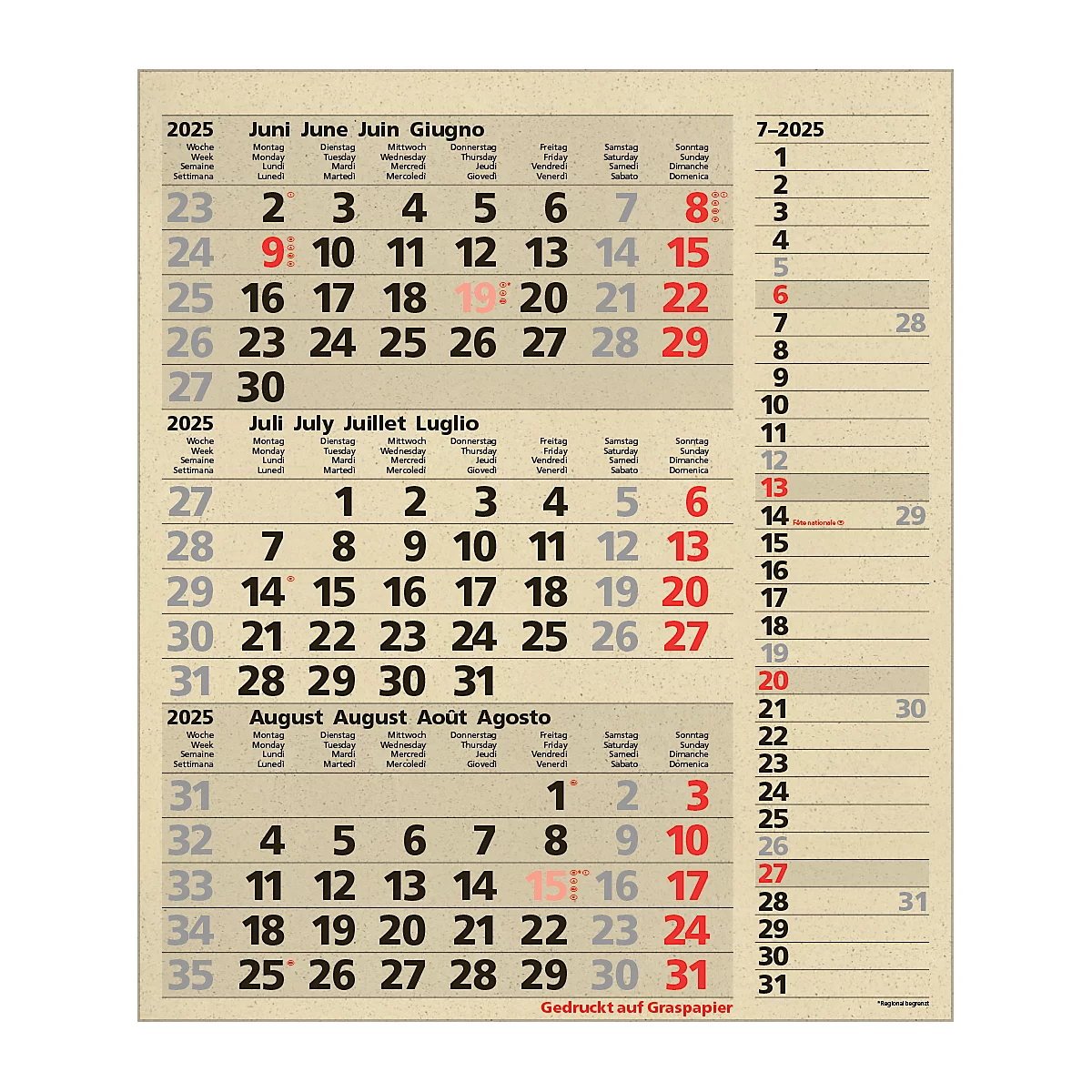 Maandplanner Korsch edition natur Combi 2025, 3 maanden per pagina, kalender in D/GB/FR/IT, paginatimer, datumschuif, B 300 x H 478 mm, graspapier