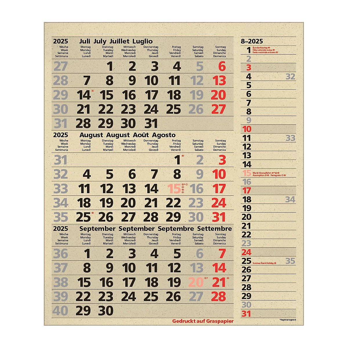 Maandplanner Korsch edition natur Combi 2025, 3 maanden per pagina, kalender in D/GB/FR/IT, paginatimer, datumschuif, B 300 x H 478 mm, graspapier