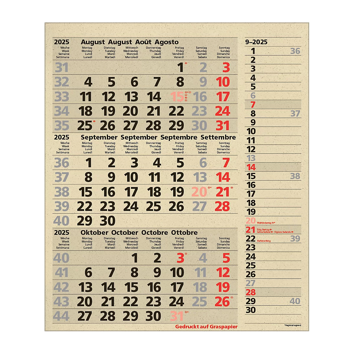 Maandplanner Korsch edition natur Combi 2025, 3 maanden per pagina, kalender in D/GB/FR/IT, paginatimer, datumschuif, B 300 x H 478 mm, graspapier