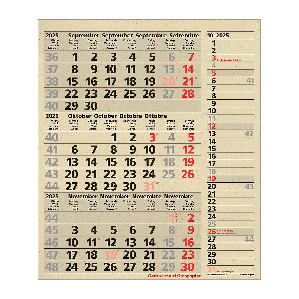 Maandplanner Korsch edition natur Combi 2025, 3 maanden per pagina, kalender in D/GB/FR/IT, paginatimer, datumschuif, B 300 x H 478 mm, graspapier