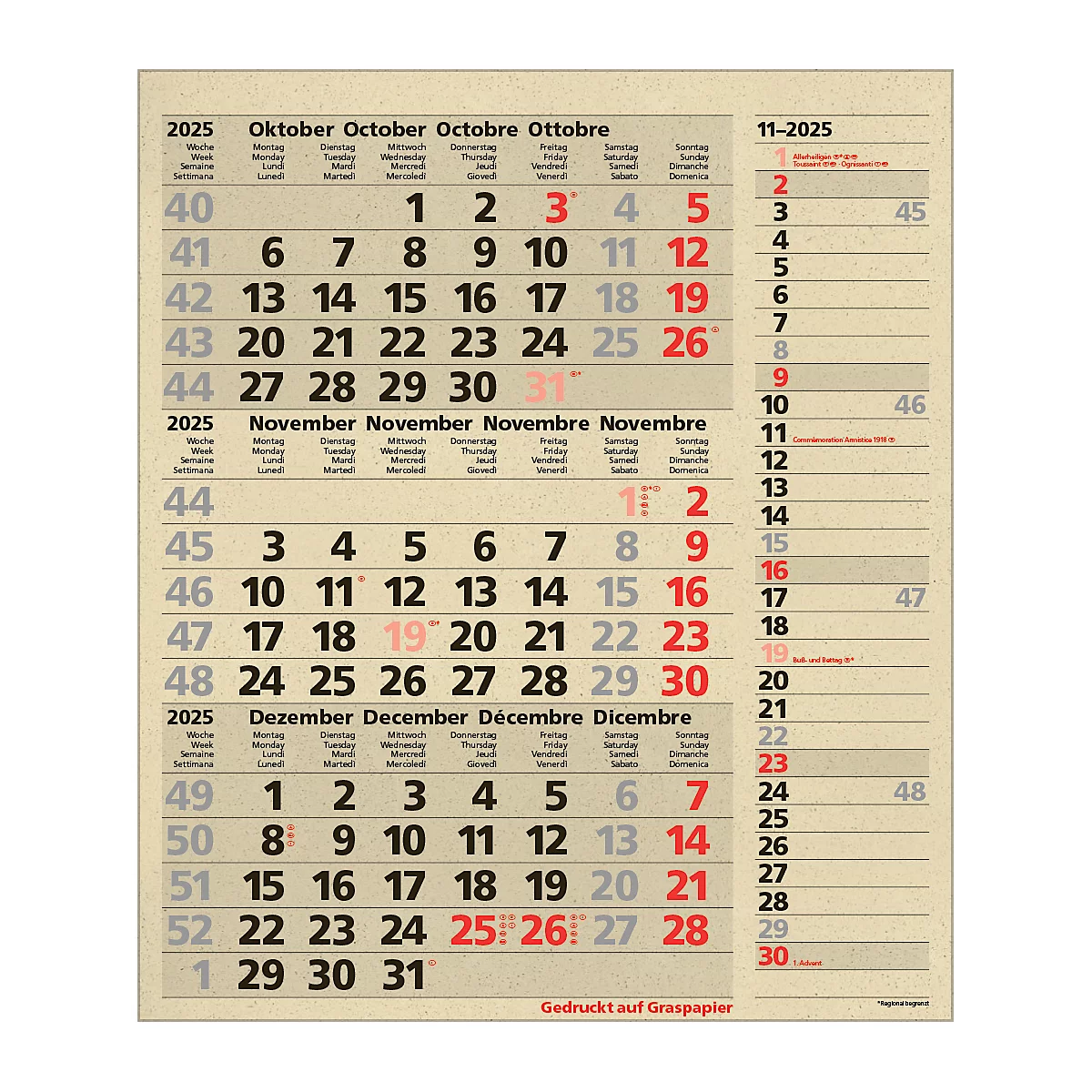 Maandplanner Korsch edition natur Combi 2025, 3 maanden per pagina, kalender in D/GB/FR/IT, paginatimer, datumschuif, B 300 x H 478 mm, graspapier