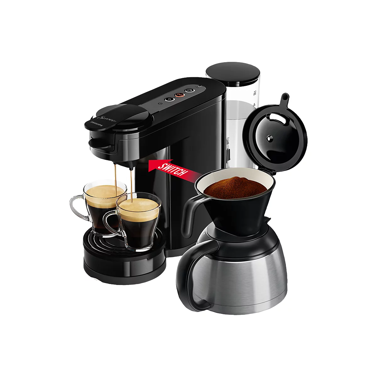Machine à café à dosettes et filtre Senseo® Switch X2 HD7892/60, technologie d'infusion 2 en 1, jusqu'à 7 tasses, verseuse isotherme, L 150 x P 400 x H 270 mm, noir laque piano