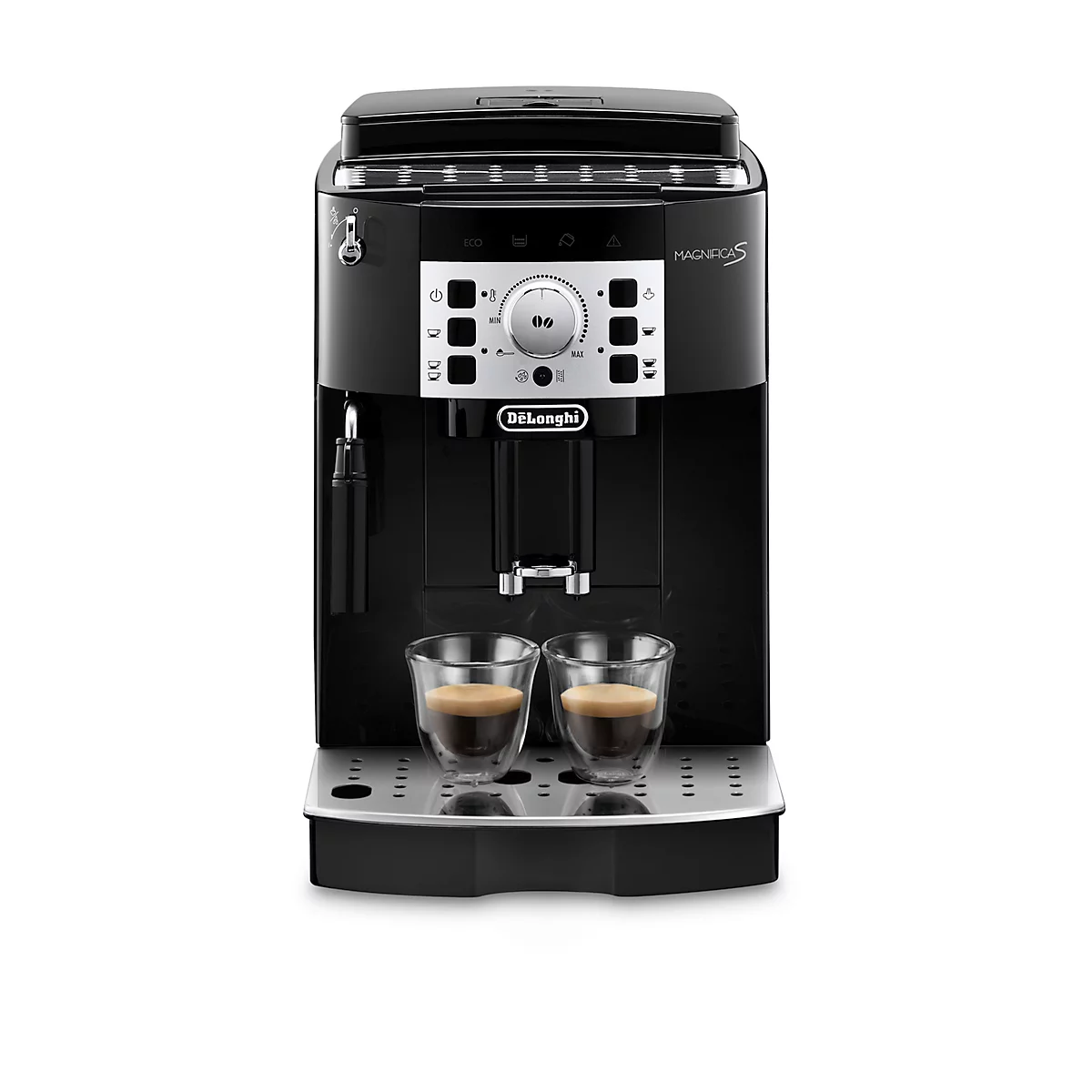 Machine à café noire avec deux verres à expresso sur l'étagère. L'écran indique "Magnifica S".