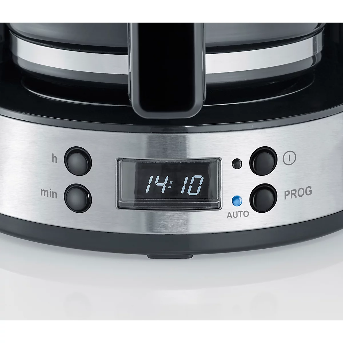 Gros plan d'une cafetière avec une horloge numérique affichant 14:10. Il y a des boutons pour les heures, les minutes, le programme et l'automatique.
