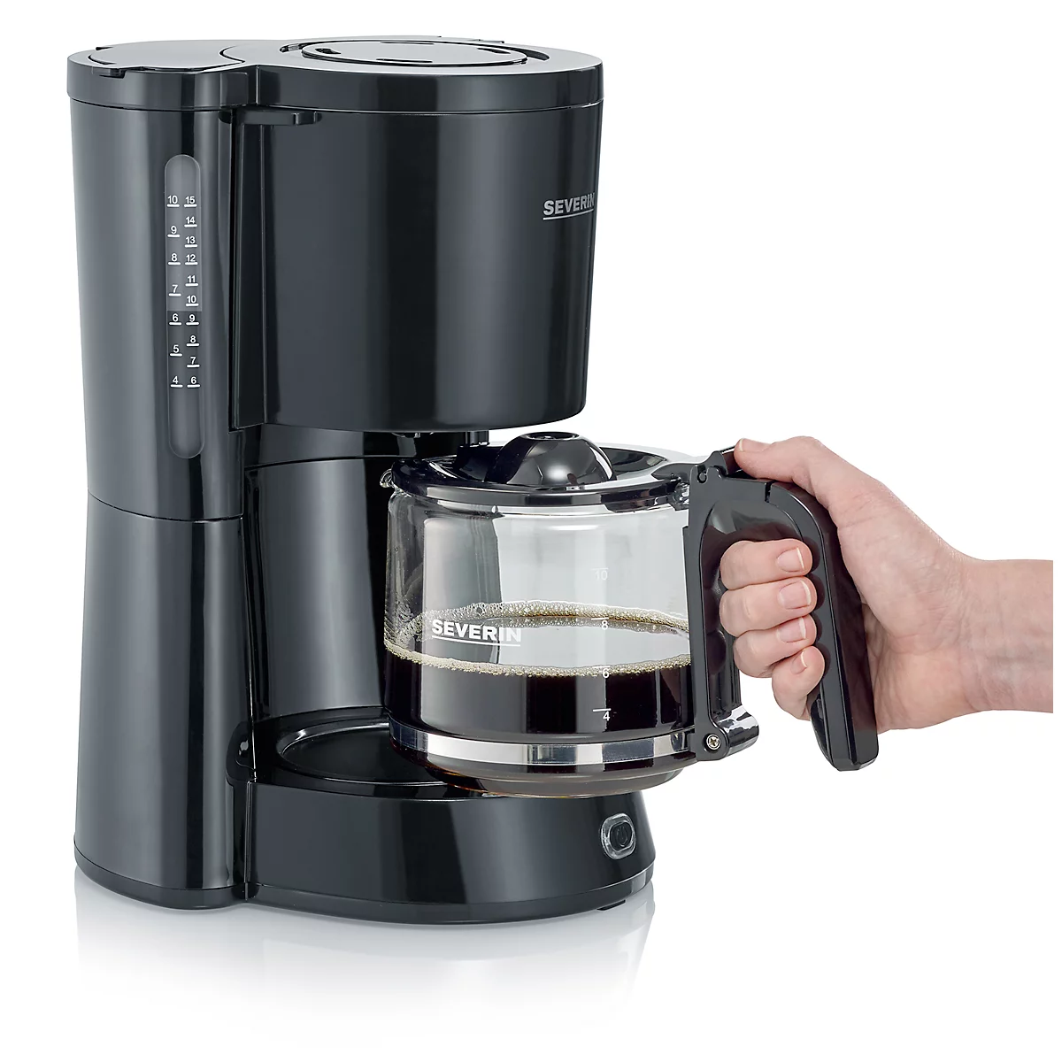 Machine à café Severin KA 4815, 1000 W, pour jusqu'à 10 tasses, arrêt automatique, système anti-gouttes, indicateur de niveau d'eau, avec verseuse en verre, noir