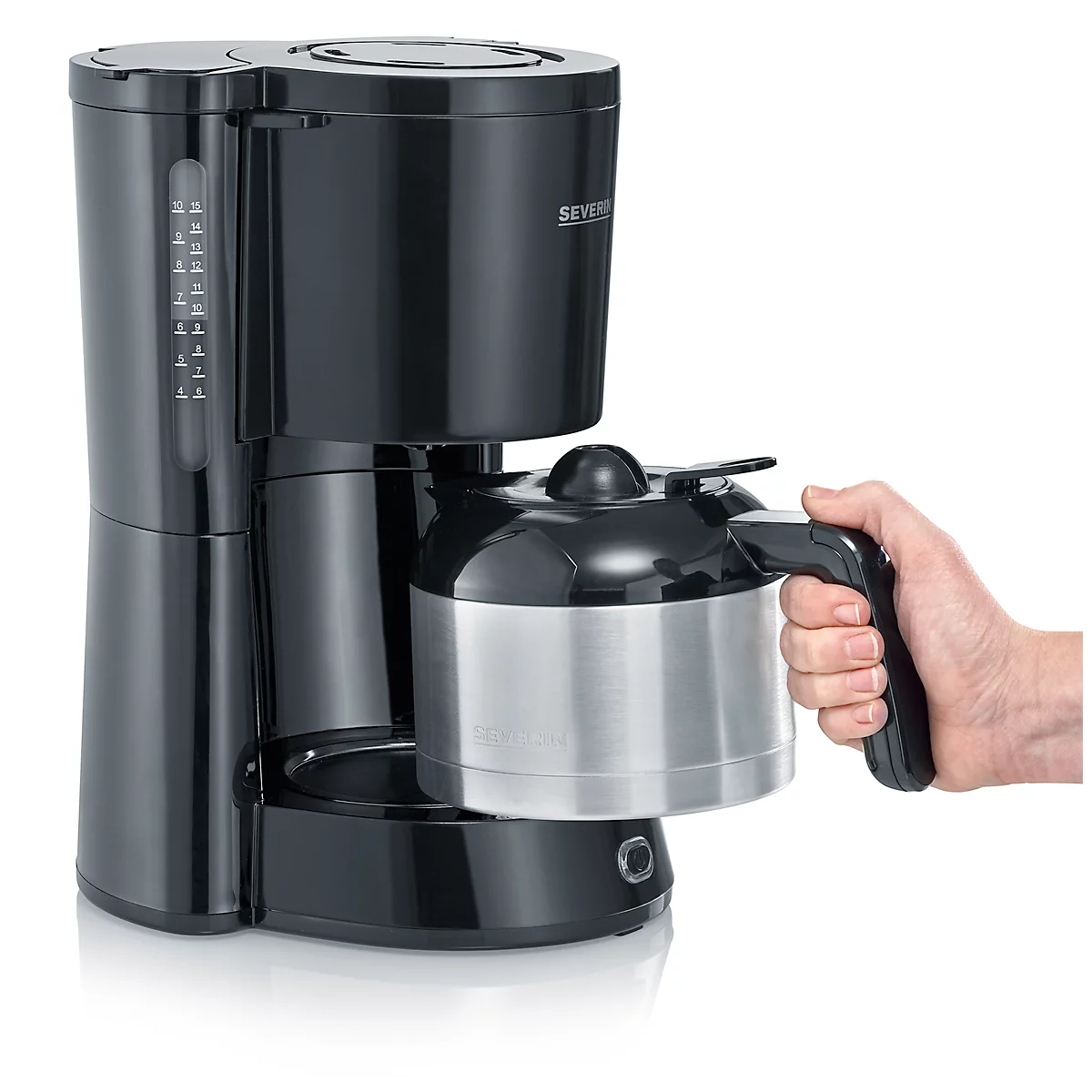 Machine à café Severin KA 4835, 1000 W, pour jusqu'à 8 tasses, arrêt automatique, système anti-gouttes, indicateur de niveau d'eau, avec verseuse en inox, noir