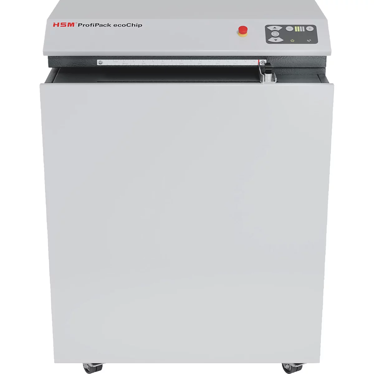 Machine d'emballage en carton grise HSM ProfiPack ecoChip sur roulettes sur fond blanc.