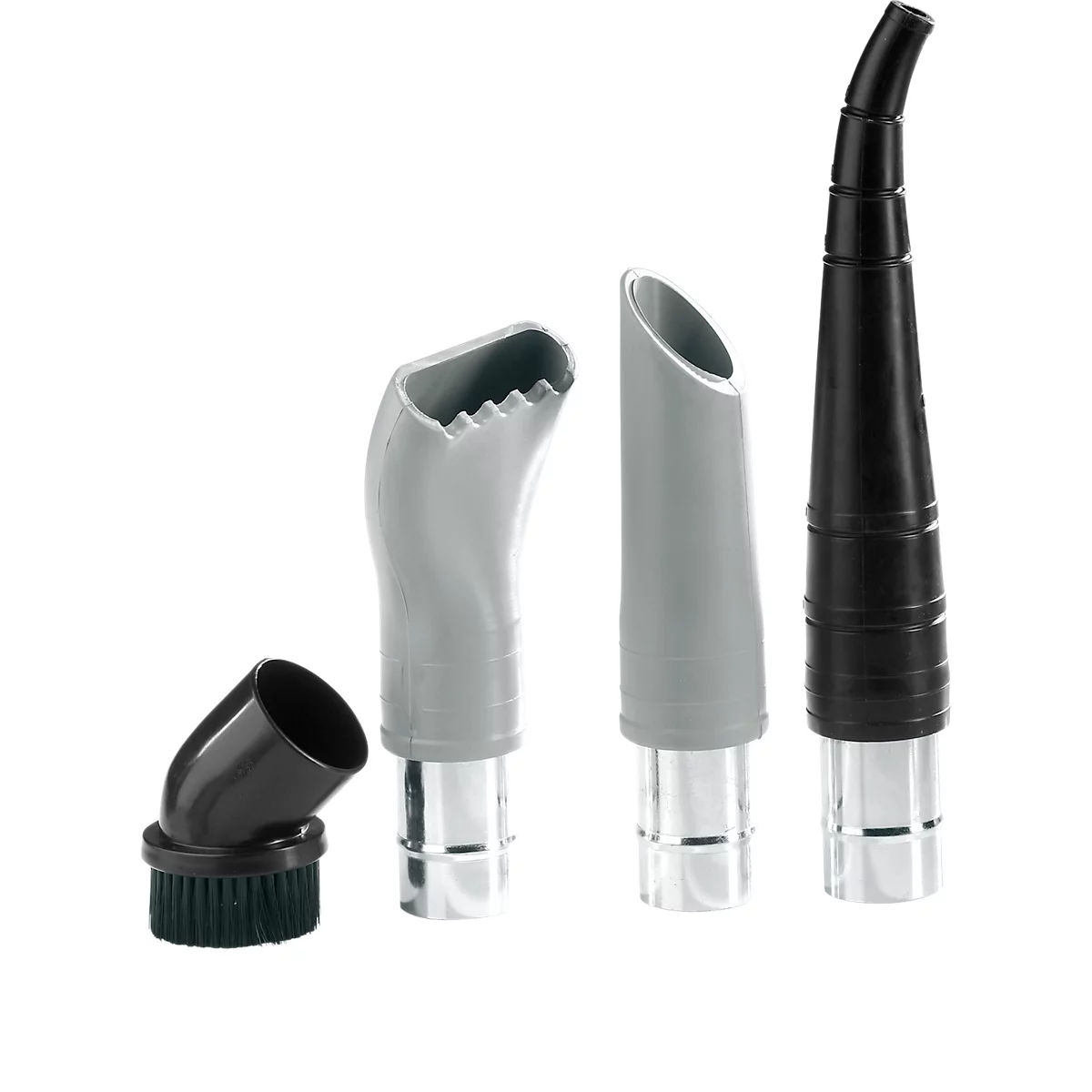 Various attachments for a vacuum cleaner, gray and black, against a white background.