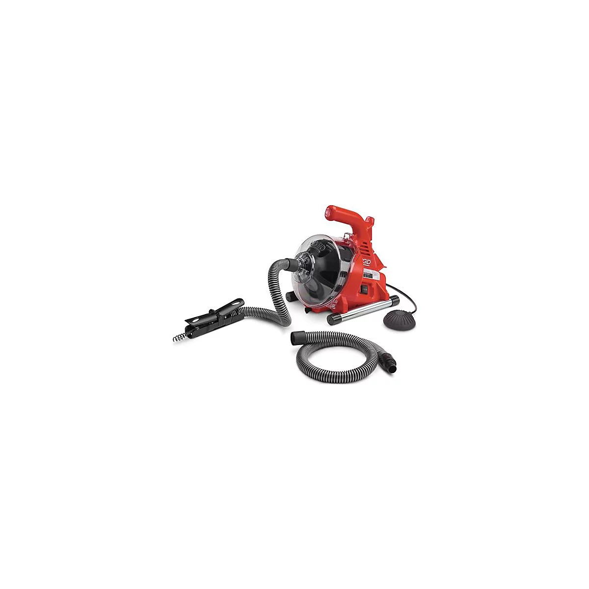 Dispositif de nettoyage de tuyaux rouge avec boîtier transparent, tuyau noir et accessoires sur fond blanc.