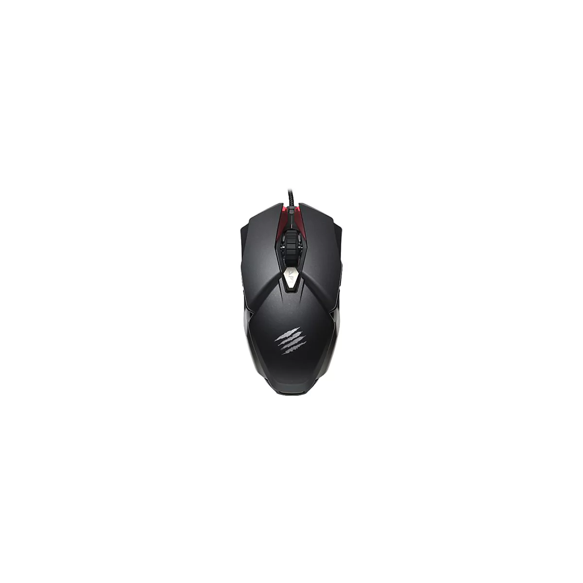 Schwarze Gaming-Maus mit roter Akzentbeleuchtung und weiÃŸem Logo. Die Maus wird vor weiÃŸem Hintergrund gezeigt.