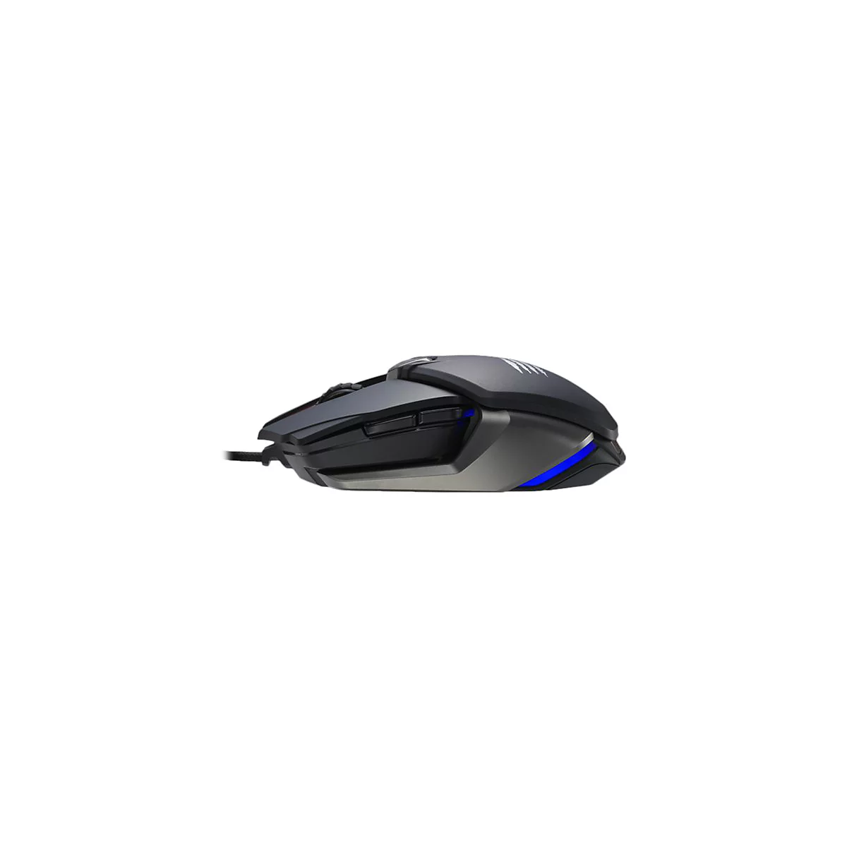 Eine seitliche Nahaufnahme einer Gaming-Maus in Grau und Schwarz mit blauem LED-Licht.