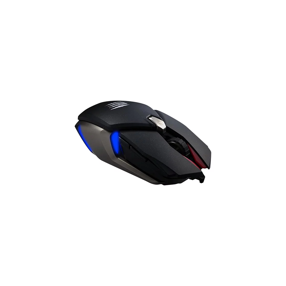 Schwarze Gaming-Maus mit blauen Leuchtelementen. Auf der Oberseite sind Kratzer zu sehen.