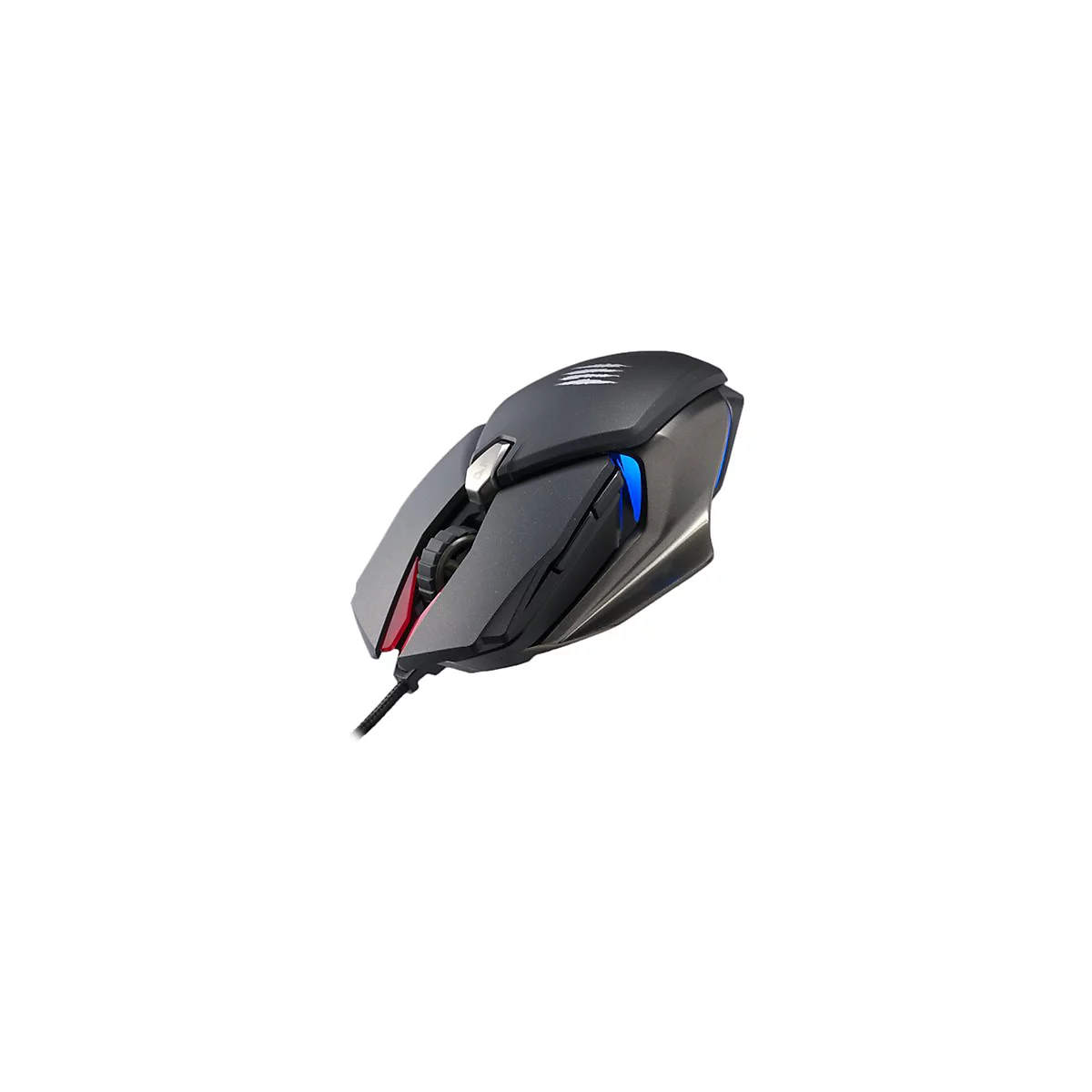 Schwarze Gaming-Maus mit roten und blauen Akzenten und Kabelanschluss auf weiÃŸem Hintergrund.
