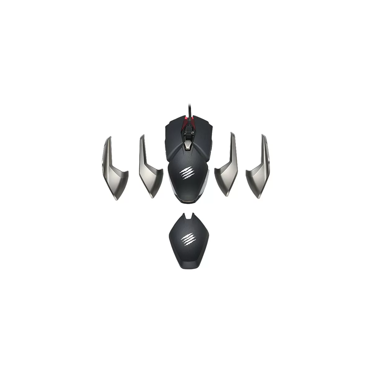Schwarze Gaming-Maus mit abnehmbaren Seitenteilen, auf weiÃŸem Hintergrund.