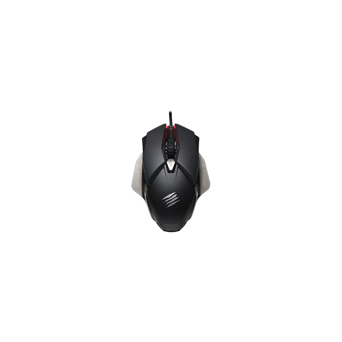 Schwarze Gaming-Maus mit roten Akzenten, Kabel und Markenlogo.