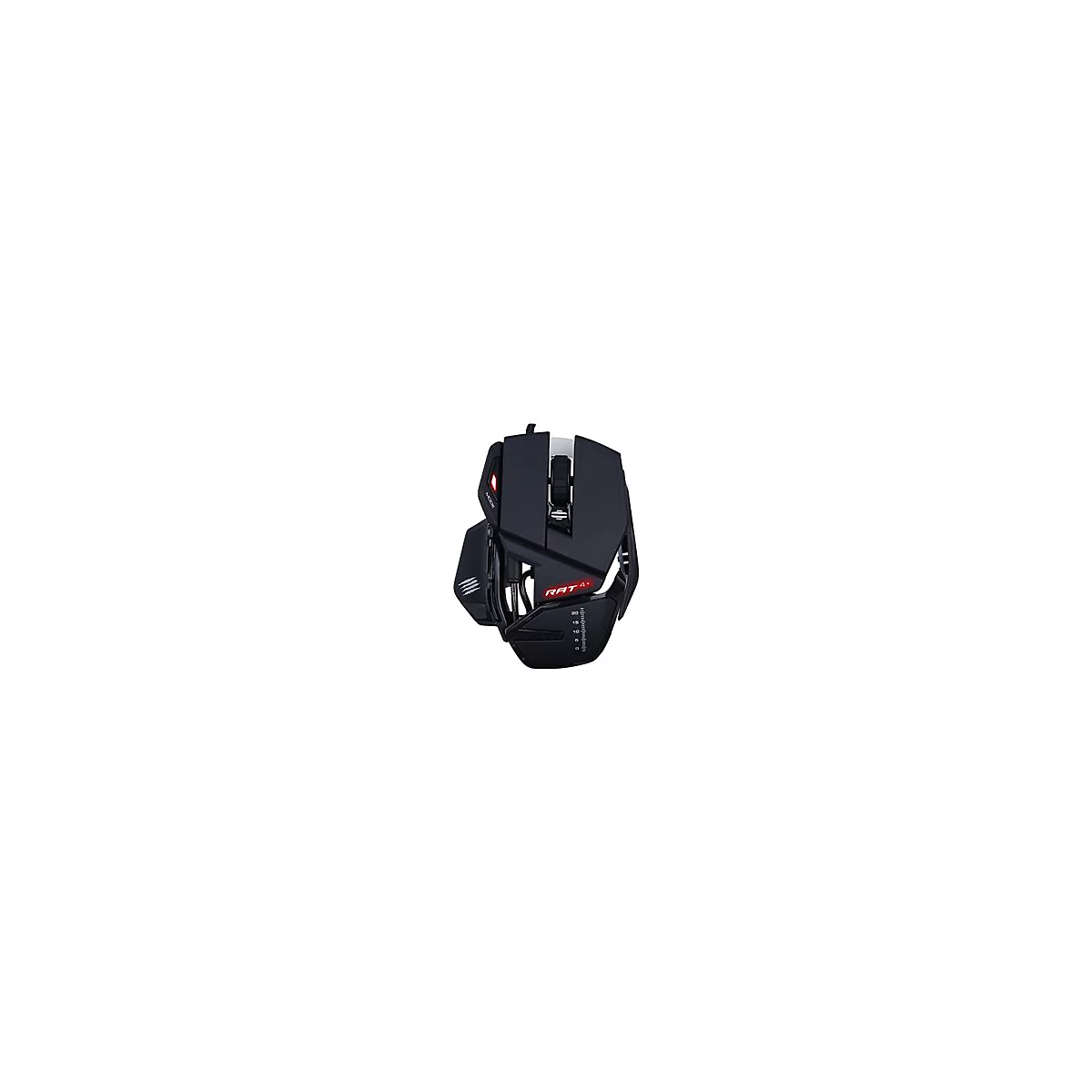 Schwarze Gaming-Maus mit roten LED-Details. Aufschrift: RAT 4+.