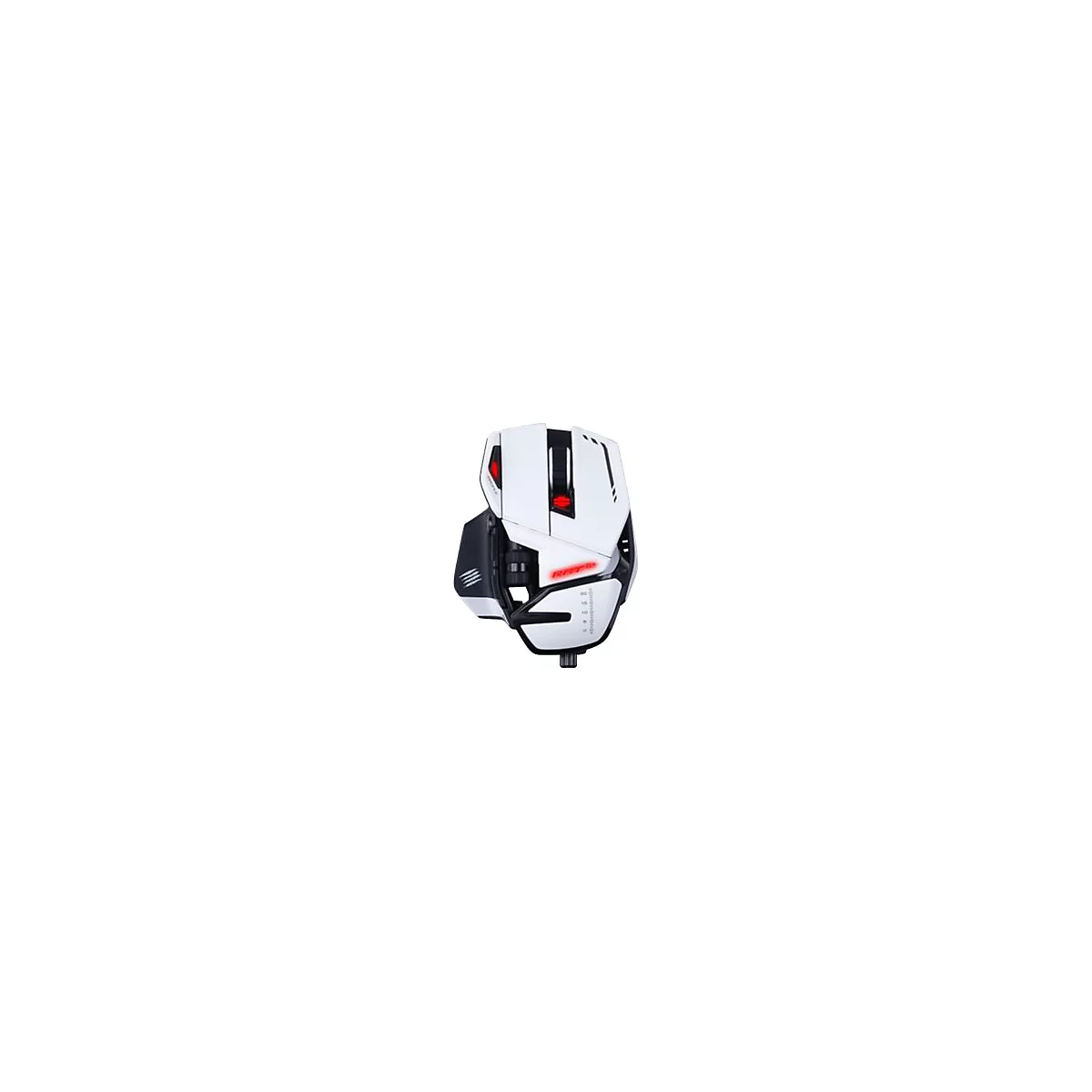 Weisse Gaming-Maus mit roten LEDs. Auf dem Gehäuse sind die Schriftzüge R.A.T. und andere Details zu erkennen.