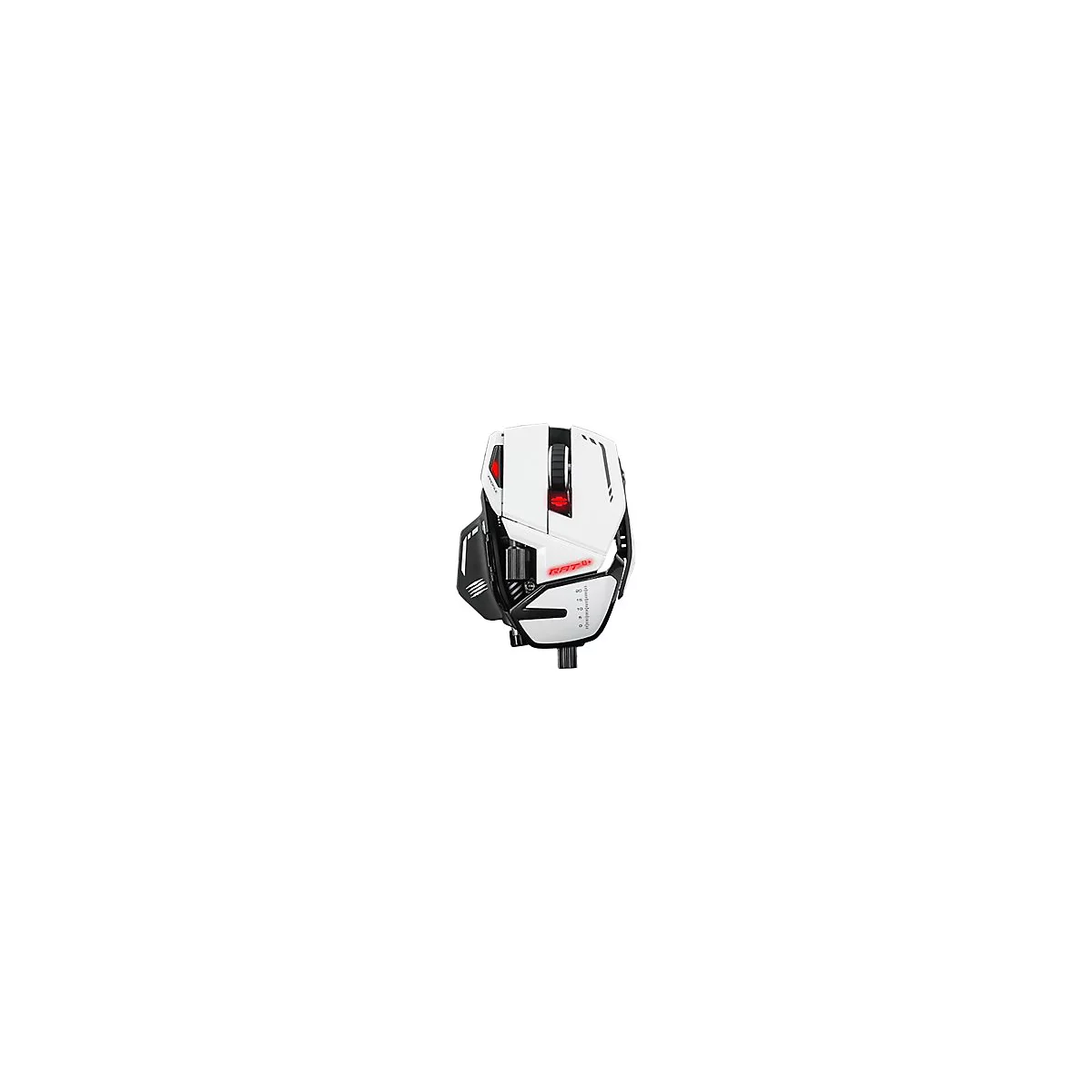 Weisse Gaming-Maus RAT 8+, Details in Schwarz, rote Akzente, Logo. Einstellbare Elemente, mit schwarzem Anschluss.