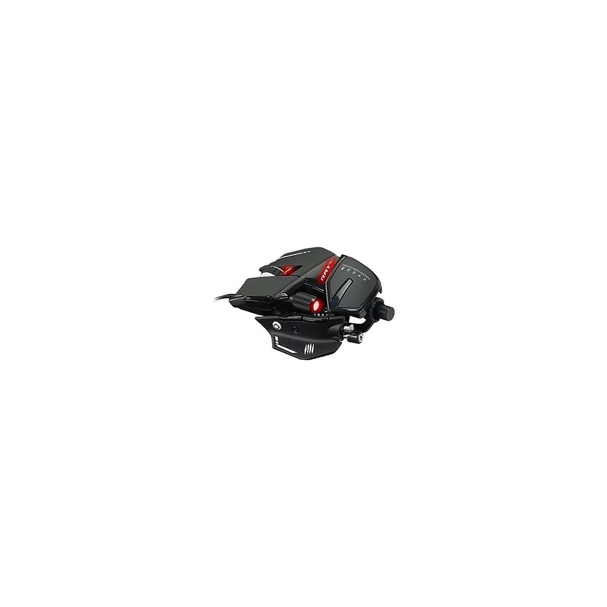 Schwarze Gaming-Maus mit roten LED-Details und Beschriftung "RAT".
