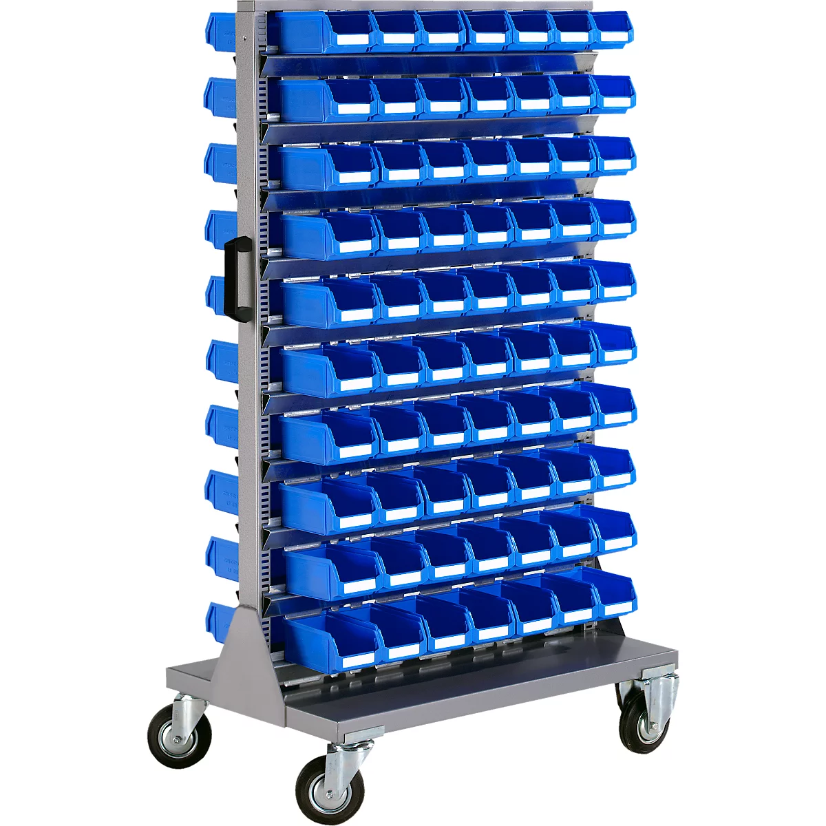 Chariot roulant bleu et gris avec de nombreux bacs de rangement bleus.