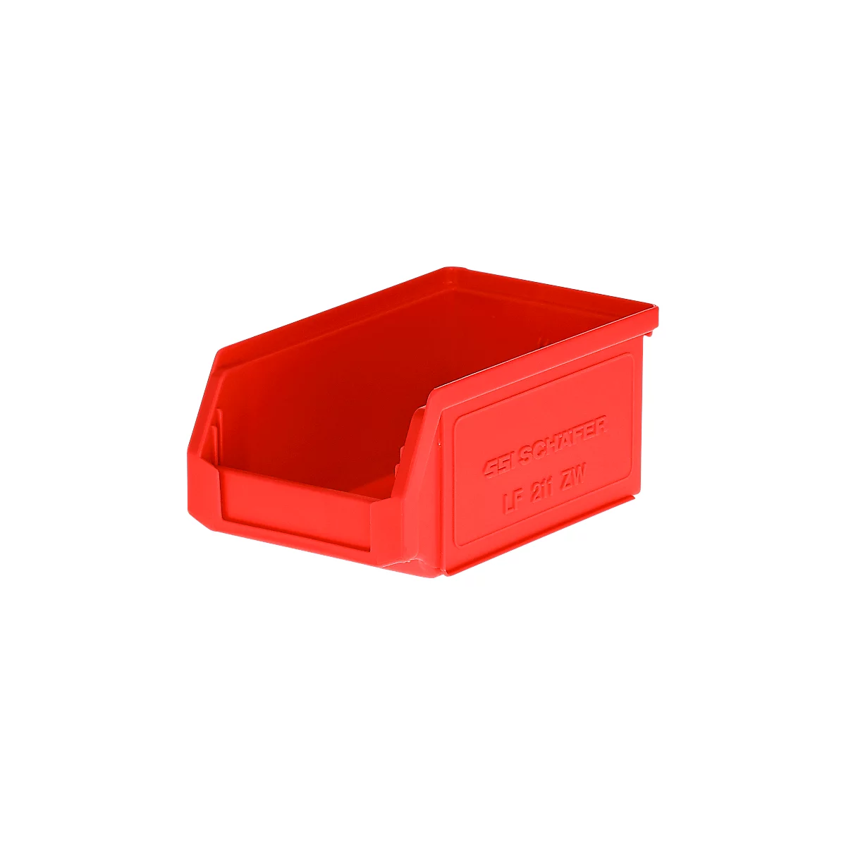 Rode kunststof magazijnbak van SSI Schäfer, type LF 211 ZW, op een neutrale achtergrond.