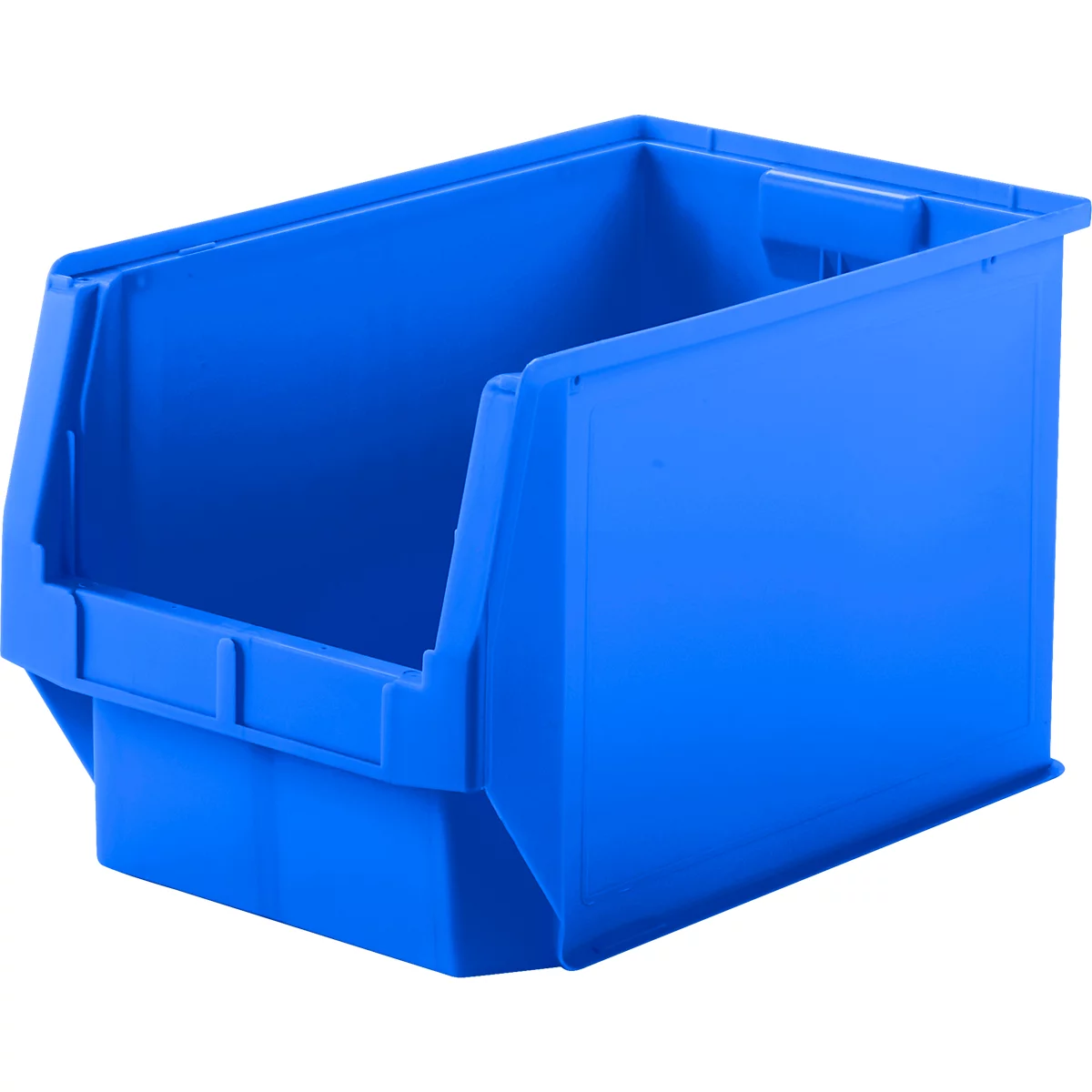Blauwe open voorraadbak van kunststof op een witte achtergrond.