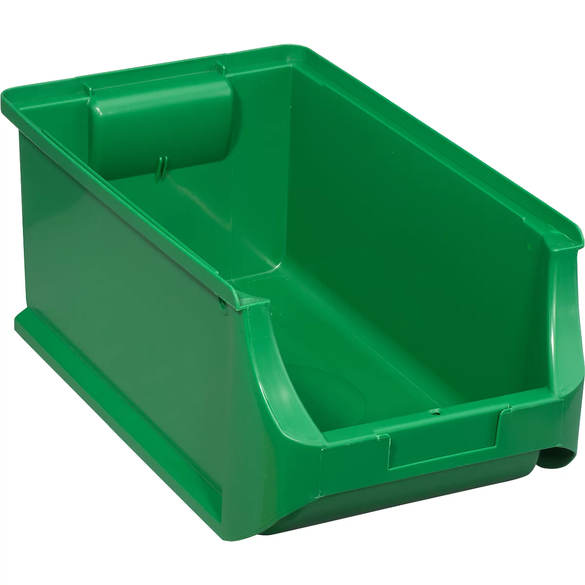 Groene kunststof magazijnbak voor opslag en organisatie.
