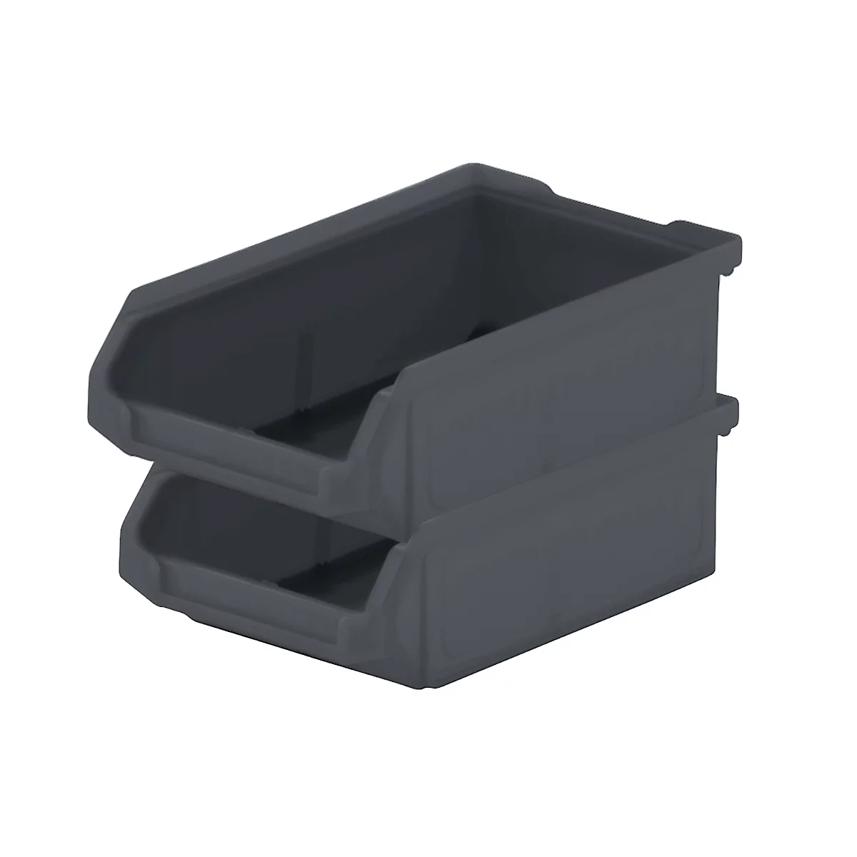 Twee grijze plastic bakken bovenop elkaar gestapeld. Ze zijn open en hebben een schuine voorkant.