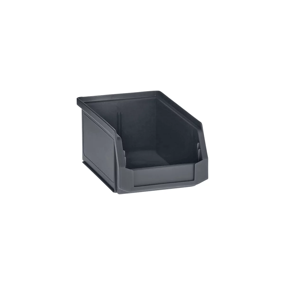 Grijze plastic box met schuine zijkanten, open aan de bovenkant, voor werkplaats of opslag.