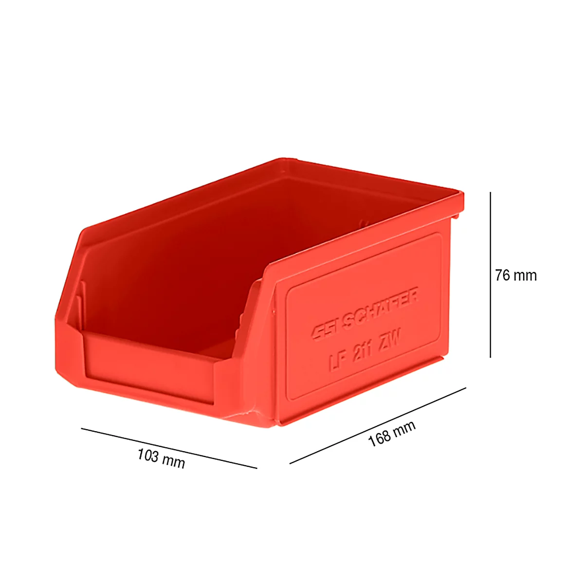 Rode opbergbox met afmetingen: 168x103x76 mm.